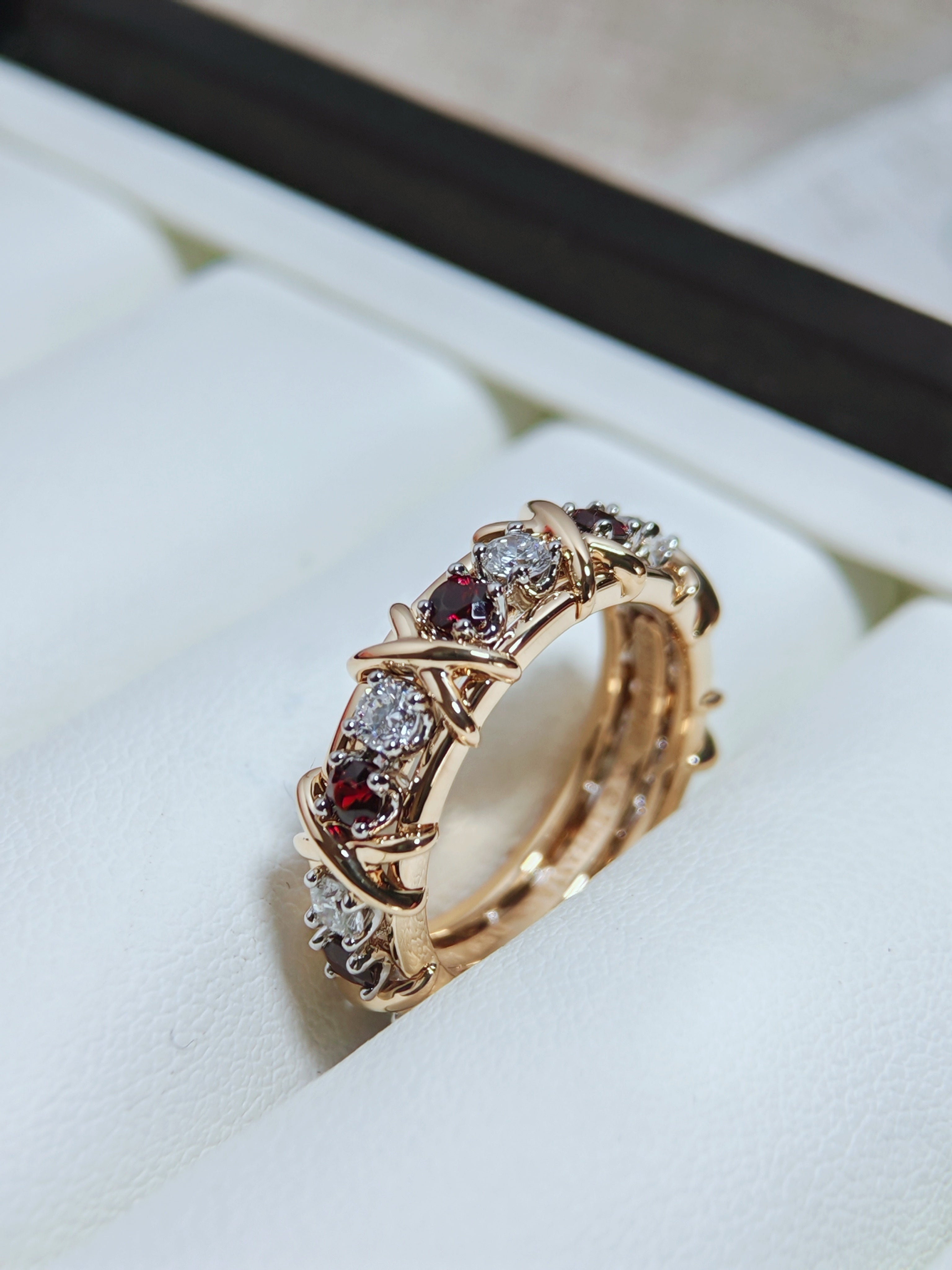 Sixteen Stone by T Ring in Yellow Gold & Platinum with Diamonds and Rubies
